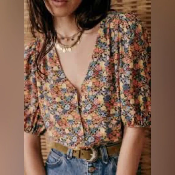 Sezane Floral V-Neck Flutter Sleeve Blouse in Multi-Color - Picture 2 of 5